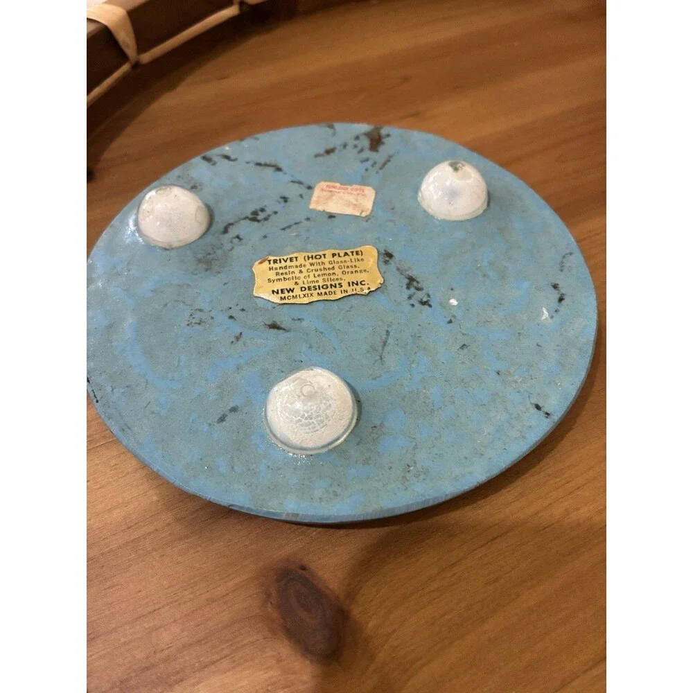 Vintage New Designs Inc. Abalone Shell Trivet Blue Lucite w Orig foil label